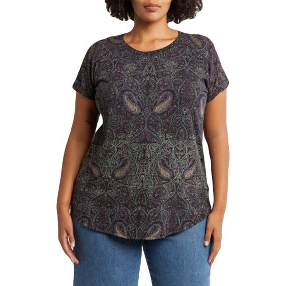 NWOT LUCKY BRAND Top 3X Paisley Slit-Back Purple-Blue Curve-Hem Short-Sl Stretch - Picture 1 of 6